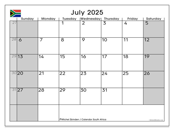 Tulostettava kalenteri, heinäkuu 2025, Etelä-Afrikka (SS)