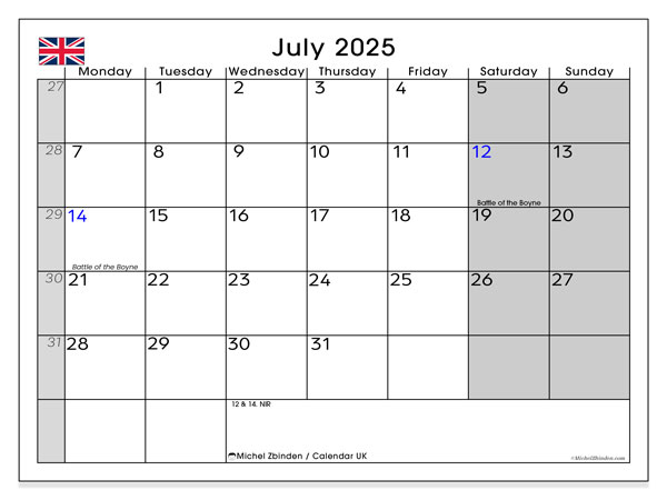 Kalender for utskrift, juli 2025, Storbritannia