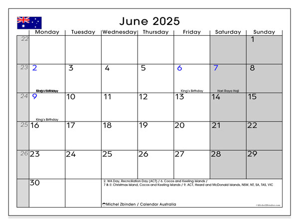 Kalender om af te drukken, juni 2025, Australië (MS)