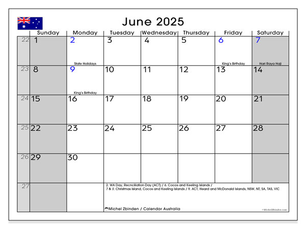 Tulostettava kalenteri, kesäkuu 2025, Australia (SS)