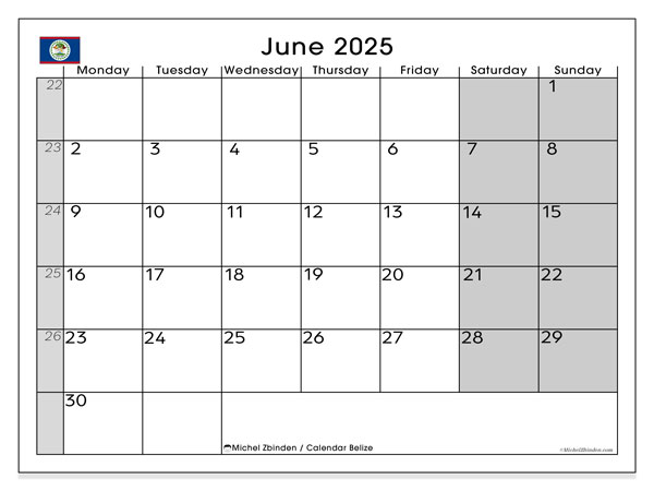 Kalendarz do druku, czerwiec 2025, Belize (MS)