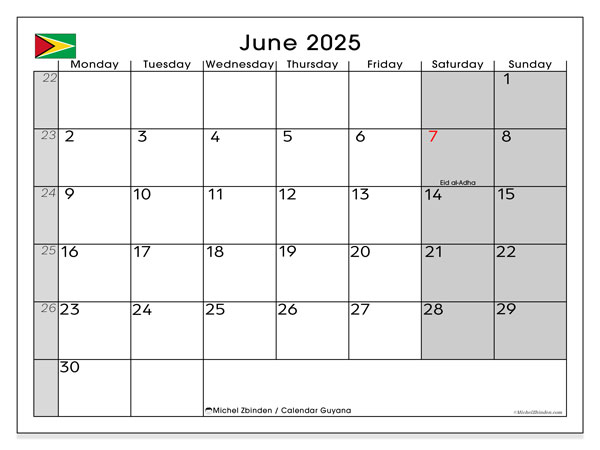 Printable calendar, June 2025, Guyana (MS)