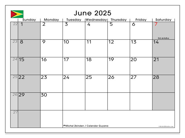 Printable calendar, June 2025, Guyana (SS)