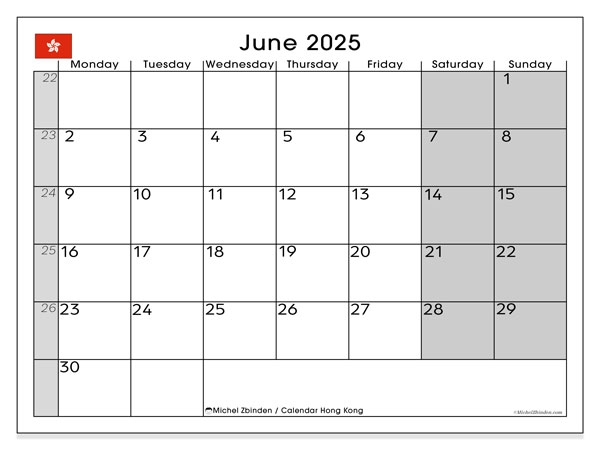 Kalendarz do druku, czerwiec 2025, Hongkong (MS)