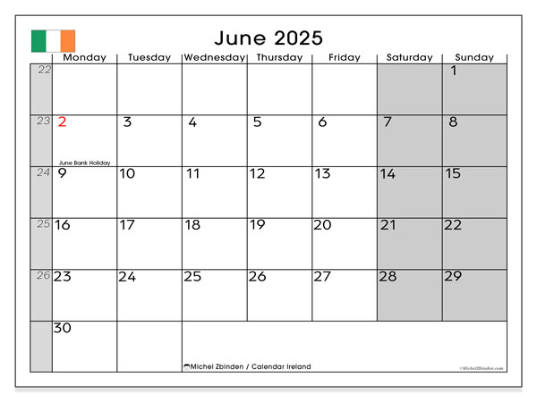 Kalender zum Ausdrucken, Juni 2025, Irland
