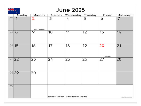 Kalender for utskrift, juni 2025, New Zealand (SS)