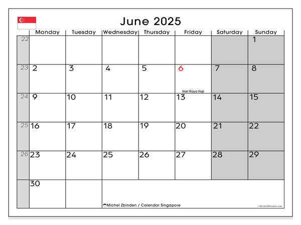 Tulostettava kalenteri, kesäkuu 2025, Singapore (MS)