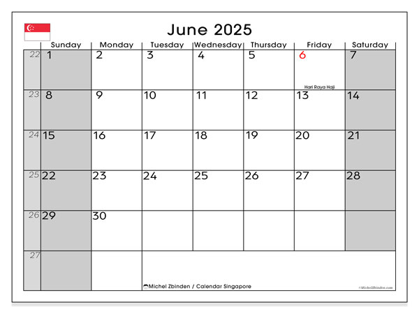 Tulostettava kalenteri, kesäkuu 2025, Singapore (SS)