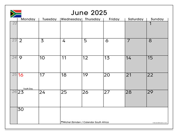 Tulostettava kalenteri, kesäkuu 2025, Etelä-Afrikka (MS)