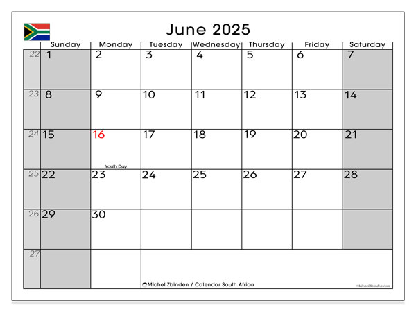 Kalendarz do druku, czerwiec 2025, Republika Południowej Afryki (SS)