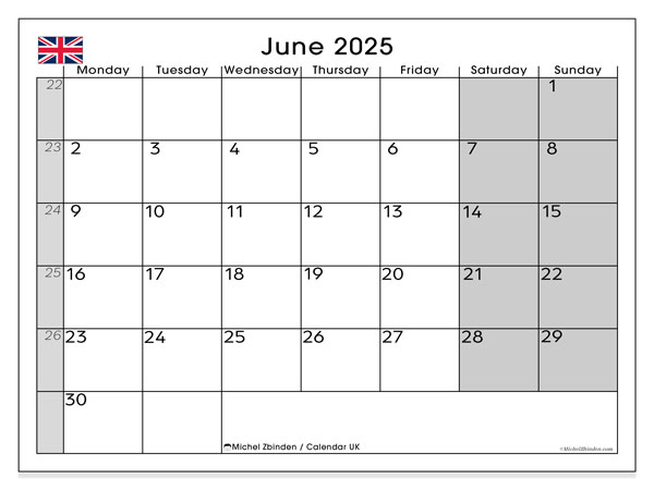 Kalender zum Ausdrucken, Juni 2025, Vereinigtes Königreich