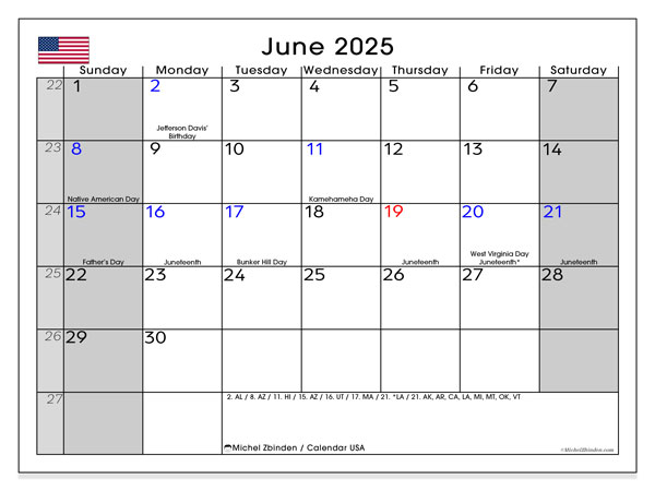Calendario da stampare, giugno 2025, Stati Uniti (EN)