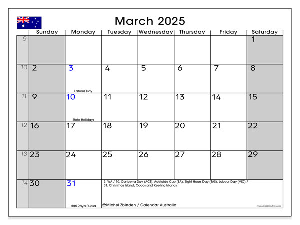 Tulostettava kalenteri, maaliskuu 2025, Australia (SS)