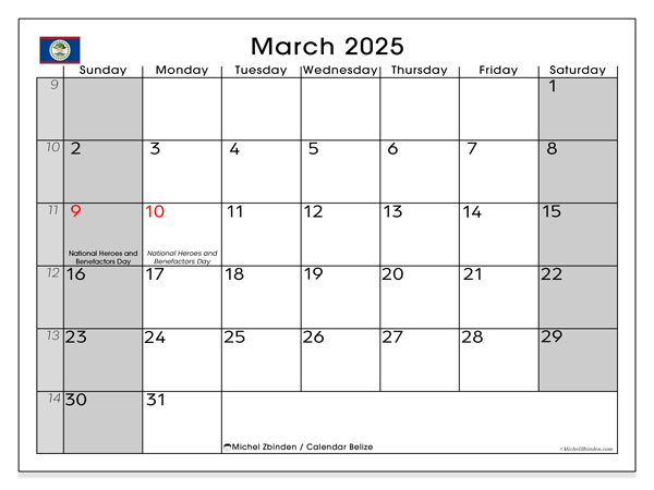Kalender mars 2025 “Belize”. Gratis program for utskrift.. Søndag til lørdag