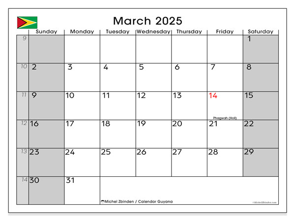 Printable calendar, March 2025, Guyana (SS)