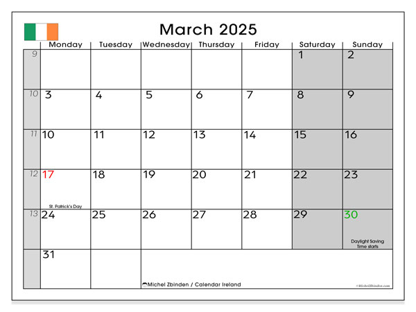 Kalendarz marzec 2025 “Irlandia”. Darmowy dziennik do druku.. Od poniedziałku do niedzieli