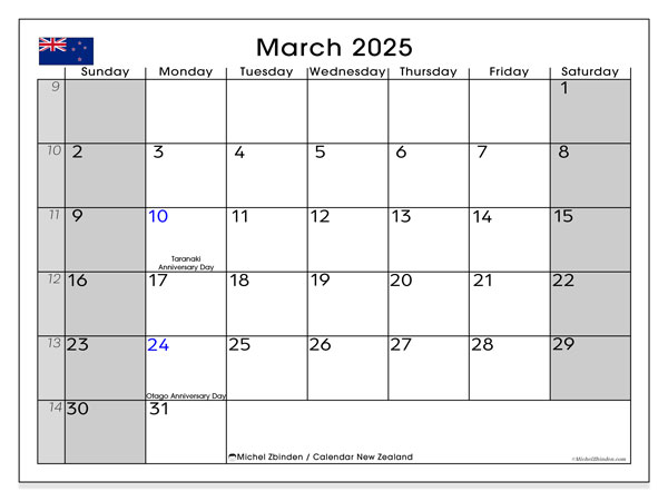 Kalender mars 2025 “New Zealand”. Gratis kalender for utskrift.. Søndag til lørdag