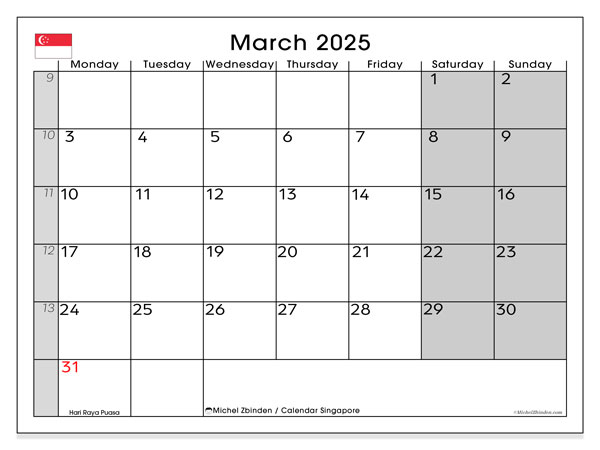 Kalender for utskrift, mars 2025, Singapore (MS)