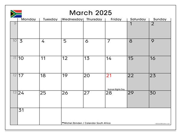 Calendario marzo 2025 “Sudafrica”. Orario da stampare gratuito.. Da lunedì a domenica
