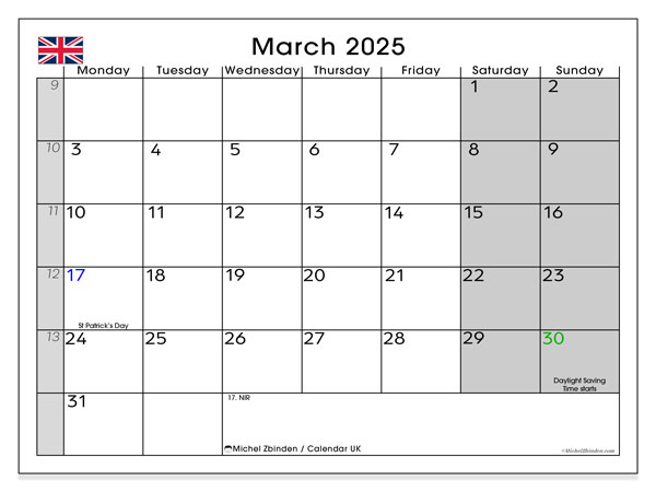 Kalendarz marzec 2025 “Zjednoczone Królestwo”. Darmowy kalendarz do druku.. Od poniedziałku do niedzieli