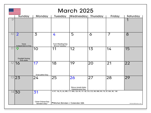 Kalendarz marzec 2025 “USA (EN)”. Darmowy kalendarz do druku.. Od niedzieli do soboty
