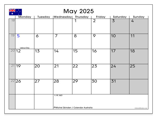 Kalender zum Ausdrucken, Mai 2025, Australien (MS)