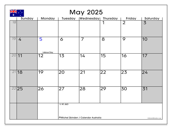 Kalender for utskrift, mai 2025, Australia (SS)