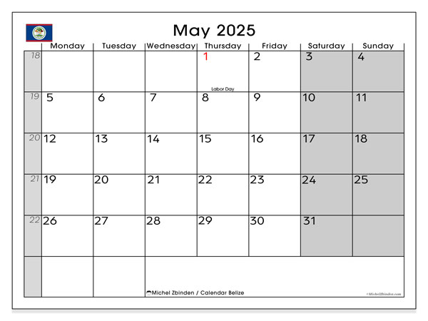 Tulostettava kalenteri, toukokuu 2025, Belize (MS)