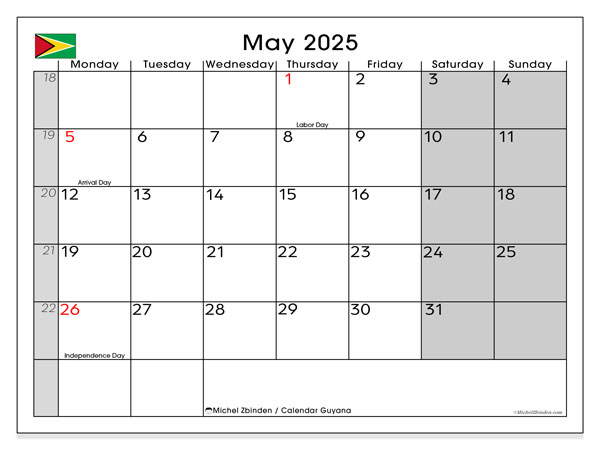 Printable calendar, May 2025, Guyana (MS)