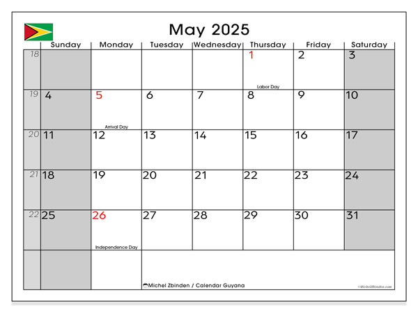 Printable calendar, May 2025, Guyana (SS)