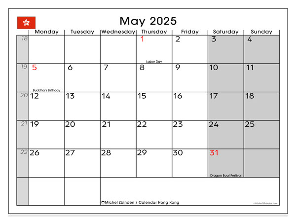 Tulostettava kalenteri, toukokuu 2025, Hong Kong (MS)