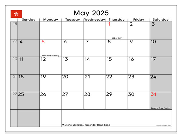 Kalender for utskrift, mai 2025, Hong Kong (SS)