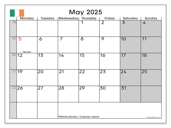 Tulostettava kalenteri, toukokuu 2025, Irlanti