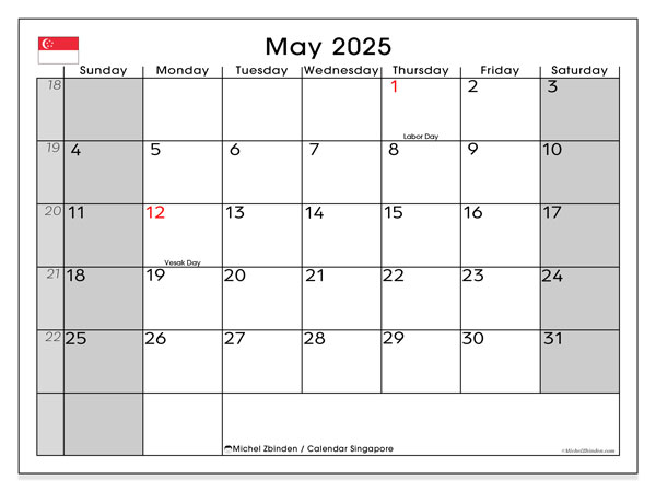 Kalender zum Ausdrucken, Mai 2025, Singapur (SS)