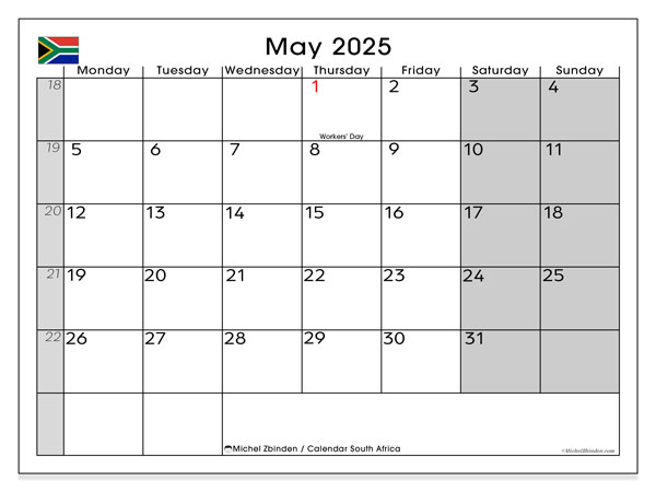 Kalender om af te drukken, mei 2025, Zuid-Afrika (MS)