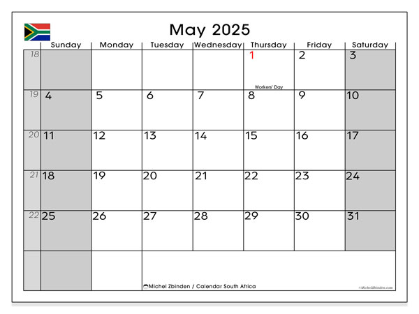 Tulostettava kalenteri, toukokuu 2025, Etelä-Afrikka (SS)