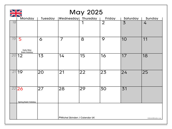 Kalender om af te drukken, mei 2025, Verenigd Koninkrijk