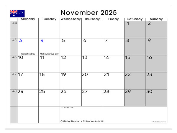 Tulostettava kalenteri, marraskuu 2025, Australia (MS)