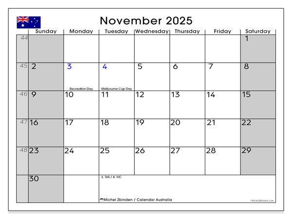 Tulostettava kalenteri, marraskuu 2025, Australia (SS)