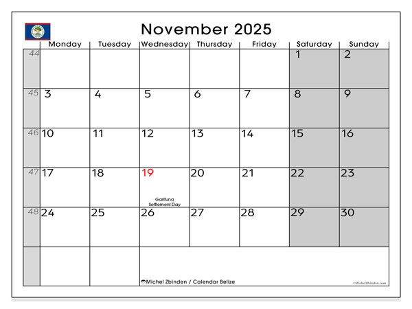 Kalendarz do druku, listopad 2025, Belize (MS)