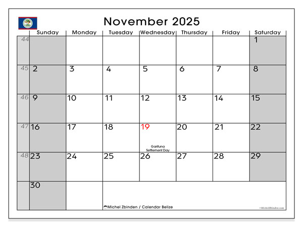 Kalender for utskrift, november 2025, Belize (SS)