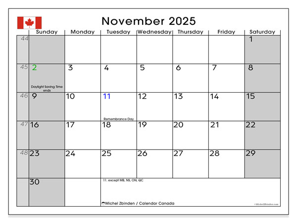Printable calendar, November 2025, Canada