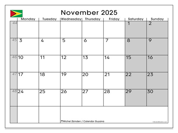 Printable calendar, November 2025, Guyana (MS)