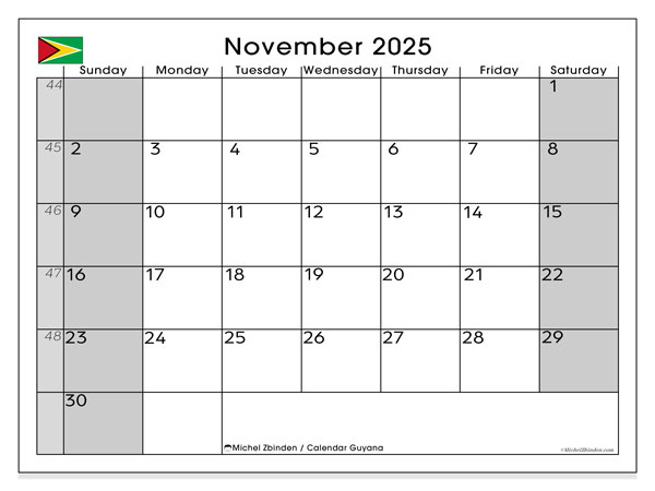 Printable calendar, November 2025, Guyana (SS)