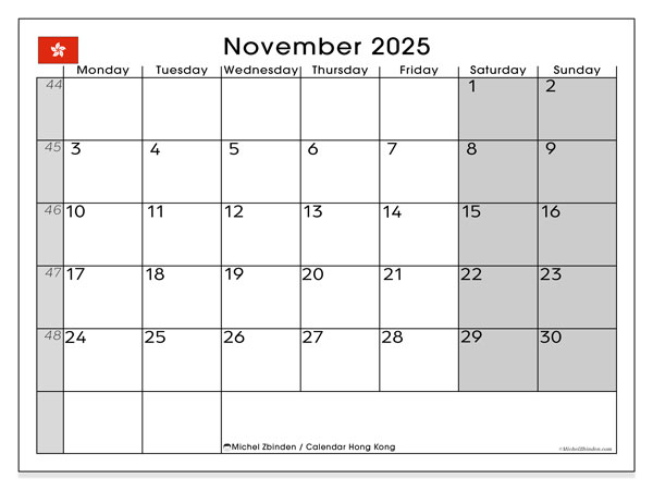Kalendarz do druku, listopad 2025, Hongkong (MS)
