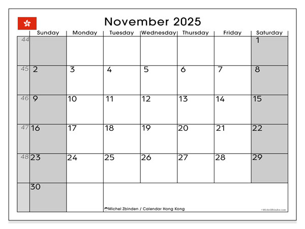Kalender for utskrift, november 2025, Hong Kong (SS)