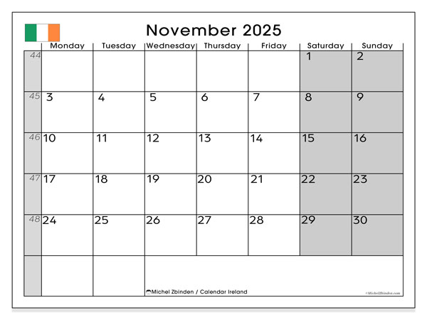 Kalendarz do druku, listopad 2025, Irlandia