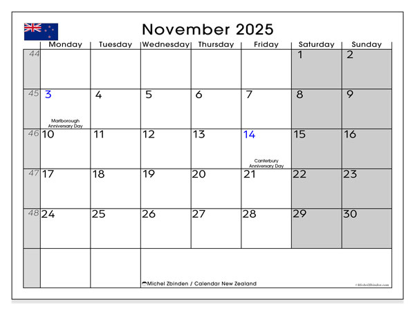 Kalendarz do druku, listopad 2025, Nowa Zelandia (MS)