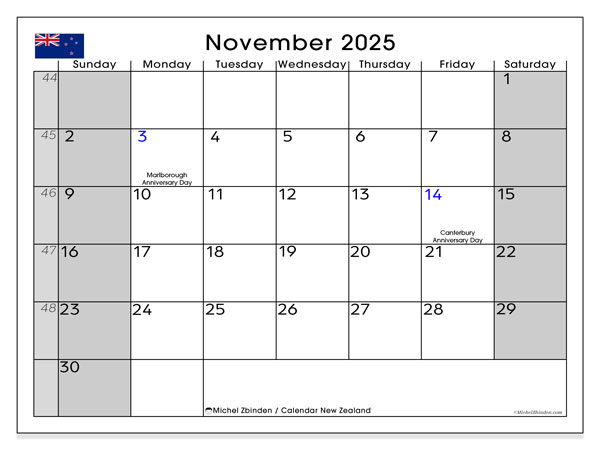 Kalender for utskrift, november 2025, New Zealand (SS)