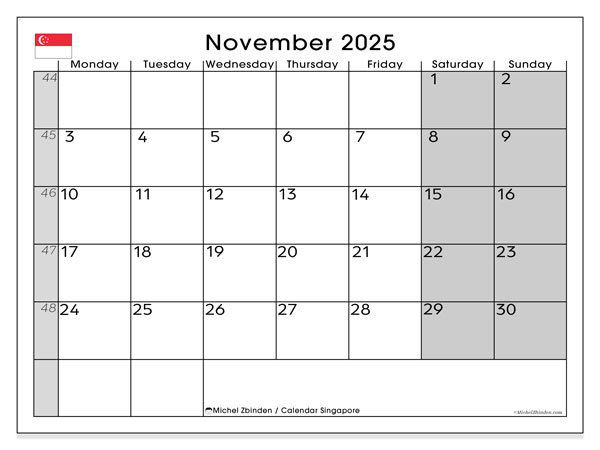 Tulostettava kalenteri, marraskuu 2025, Singapore (MS)
